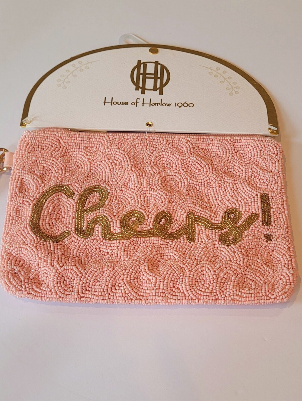 House of Harlow 1960 Pink Beaded 'Cheers!' Wristlet